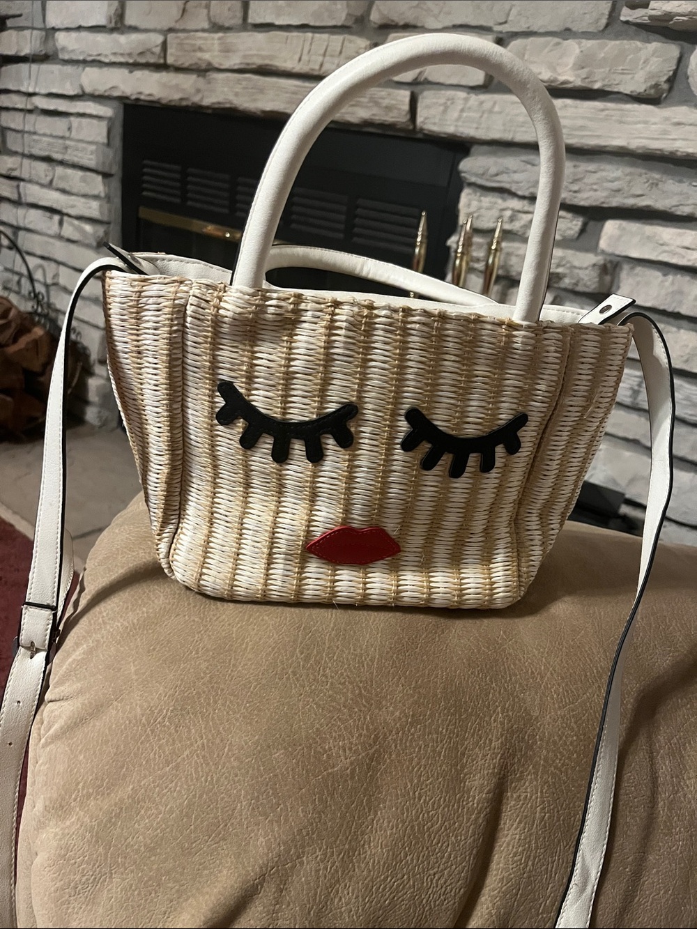 Woven Straw Face Tote Bag with White Trim and Red Lip Accent